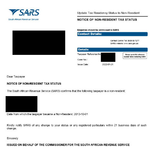 SARS Non-Resident Tax Status Confirmation Letter
