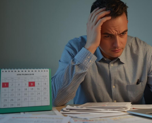 Stressed man at a cluttered desk with papers and a calendar, holding his head.