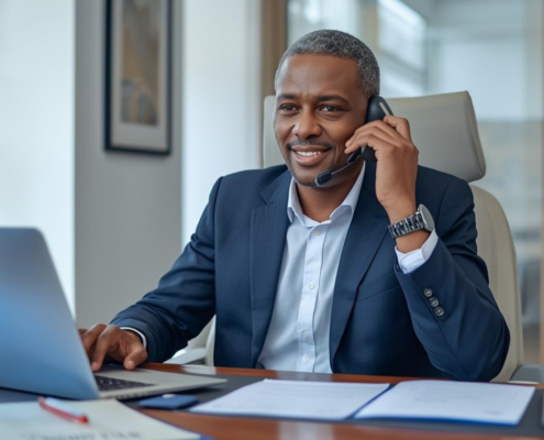 Smiling professional Black man in a suit and headset working on a laptop at an office desk.