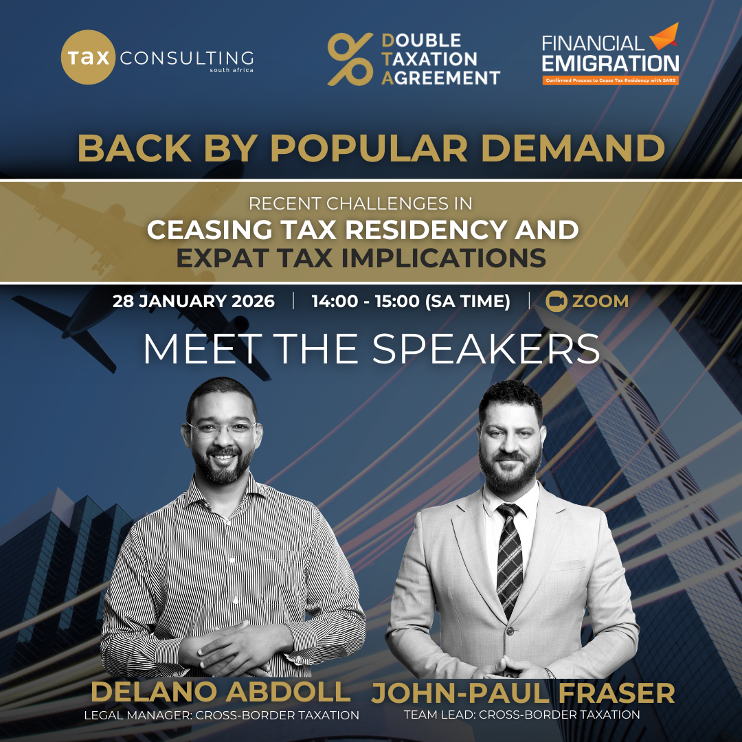 Webinar invitation: Ceasing Tax Residency & Expat Tax Implications, featuring Delano Abdoll and John-Paul Fraser.